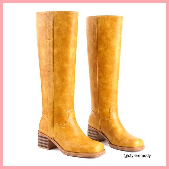 Knee High Boots Square Toe Chunky Block Heel PU Leather Pull On